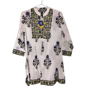 Miniature Auroville Womens Dress Sz L 100% Cotton Bib 3/4 Sleeve Botanical Kurta